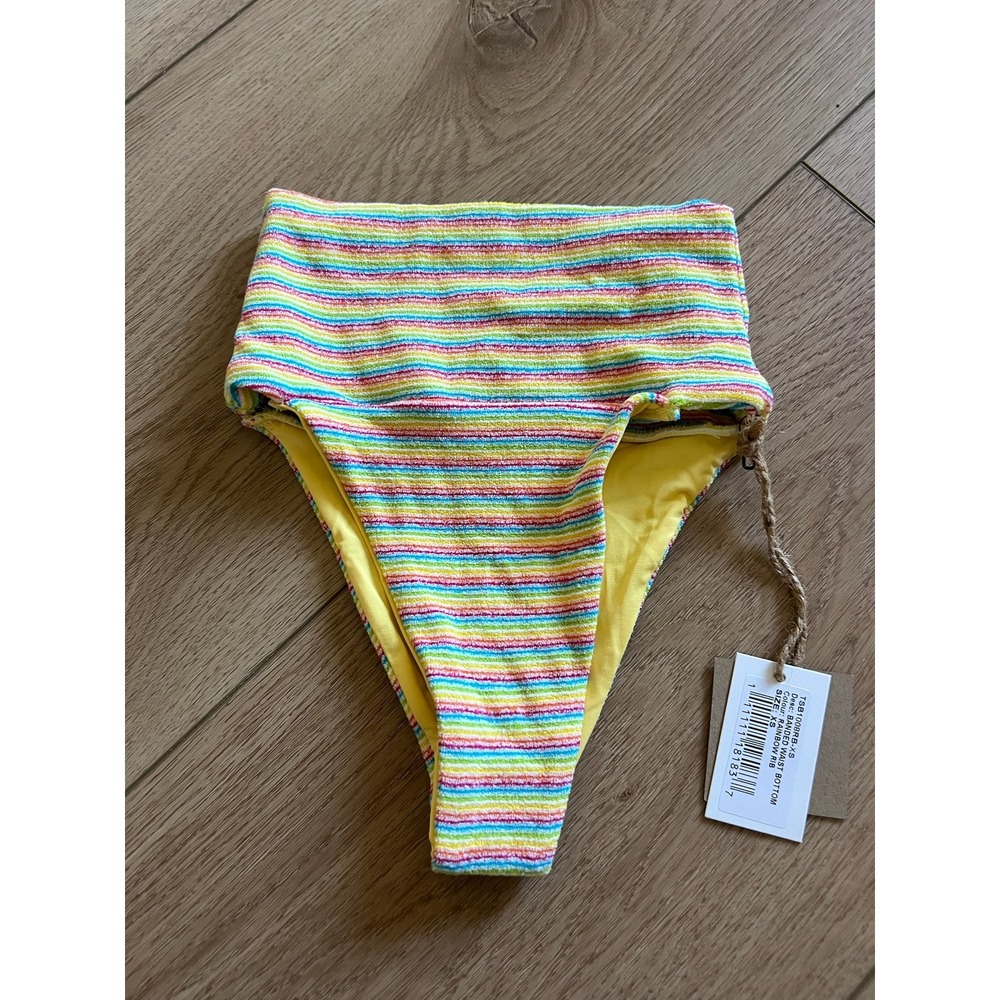 High-Waist Ribbed Stripe Bikini Bottom — Yellow Multi